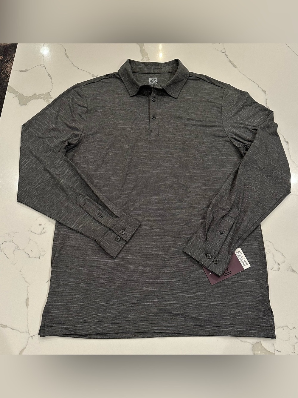 RM Refined Matter Long Sleeve Knit Polo Shirt Mens M Gray Performance Tech NEW